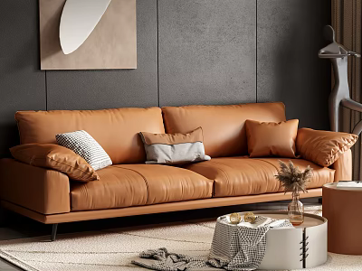 Brown Leather Two-Seater Sofa With Throw Pillows Side Table Rug And Decorative Painting 3d model