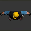 Construction Worker In Yellow Hard Hat Blue Shirt And Tool Belt Standing On Gray Background