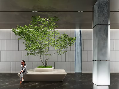 Modern Indoor Landscape Seat With Green Tree And Seated Woman 3d model
