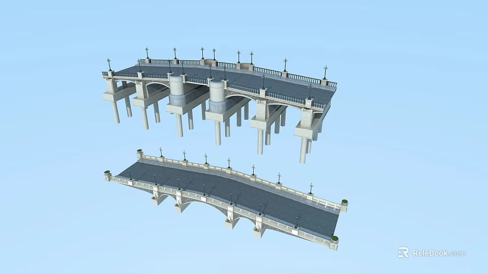Two Different Architectural Bridge Designs With Lamp Posts Railings and Details 3d model 