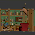 Cozy Wooden Library Nook Interior With Bookshelves Deer Head Red Armchair And Fireplace