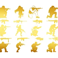 Multiple People Golden Silhouettes Showing Various Gun Holding Poses And Actions