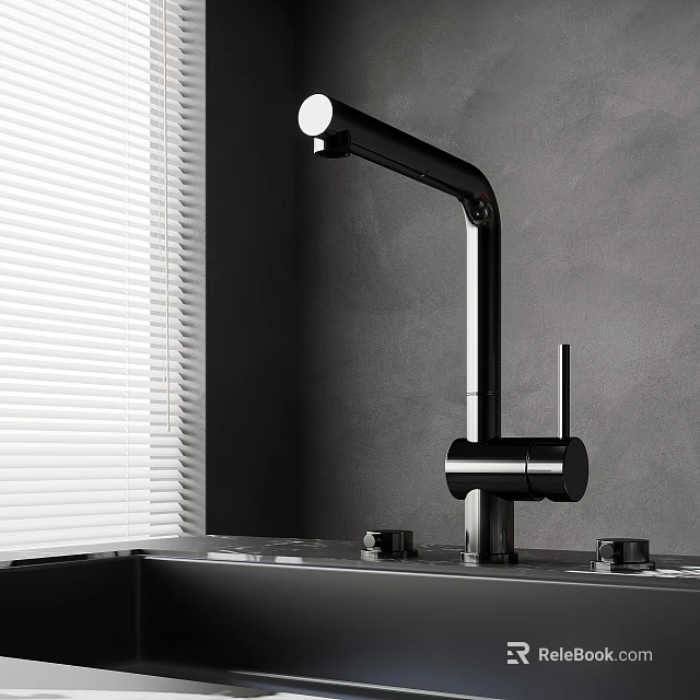 Modern Stylish Kitchen Faucet With Gray Wall And Window Blinds In Sink Area Design 3d model 