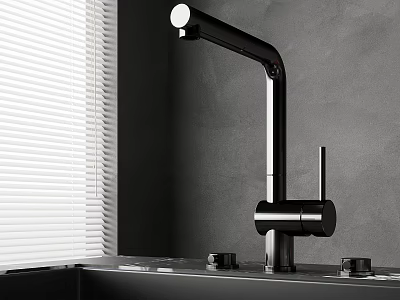 Modern Stylish Kitchen Faucet With Gray Wall And Window Blinds In Sink Area Design 3d model