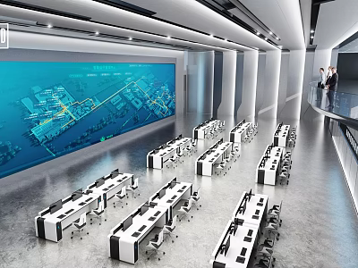 Modern Monitoring Room Interior Design With Large Surveillance Display Multiple Workstations And Seating 3d model