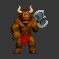 Muscular Horned Minotaur Mythical Creature With Red Skin Holding Battle Axe Fierce Expression