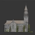 Detailed Church Model With Tall Spire Tower Arched Windows Stone Exterior And Lawn Base
