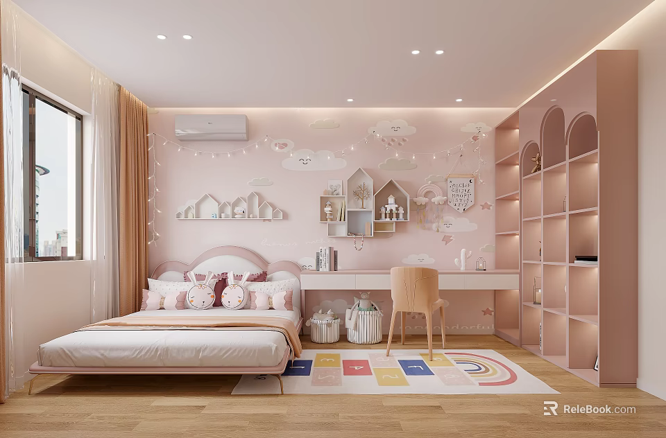 Pink Kids Bedroom Interior With Bed Desk Chair Cloud Decorations String Lights And Rug 3d model 