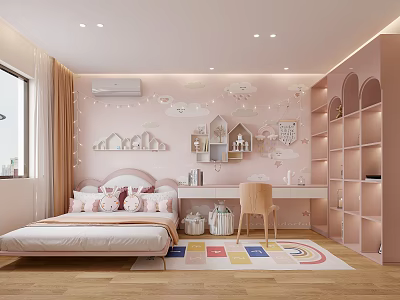 Pink Kids Bedroom Interior With Bed Desk Chair Cloud Decorations String Lights And Rug 3d model