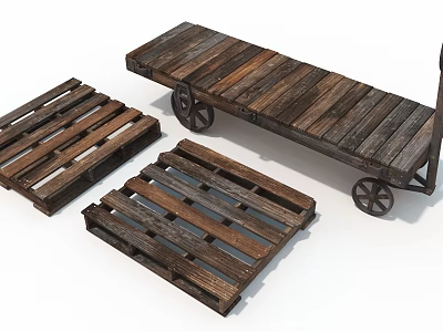 Rustic Wooden Pallets And Wheeled Cart For Home Storage And Decorative Furniture 3d model