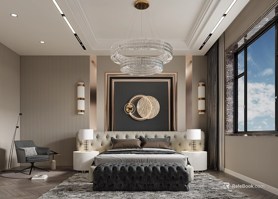 Luxury Bedroom Interior Design With Crystal Chandelier Striped Walls And Decorative Painting 3d model 