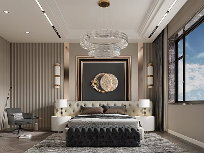 Luxury Bedroom Interior Design With Crystal Chandelier Striped Walls And Decorative Painting 3d model