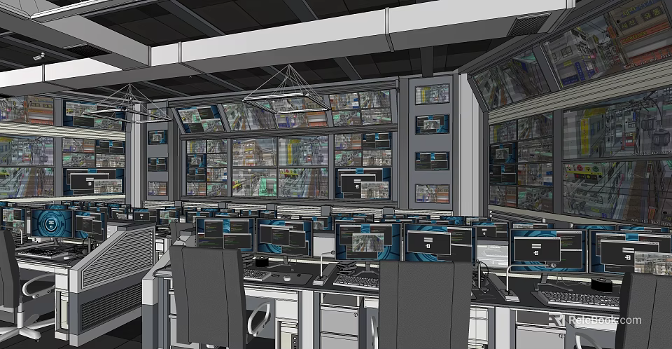 Control Room Interior With Multiple Monitoring Screens Control Desks And Work Chairs 3d model 