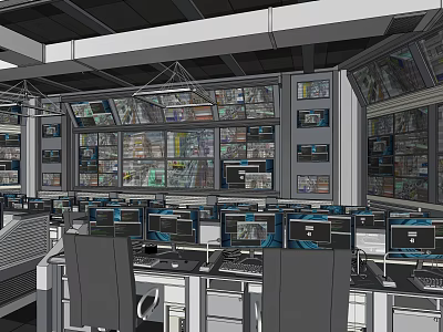 Control Room Interior With Multiple Monitoring Screens Control Desks And Work Chairs 3d model