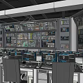 Control Room Interior With Multiple Monitoring Screens Control Desks And Work Chairs