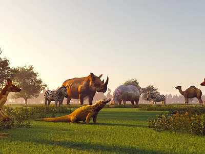 Various Wild Animals Grazing And Roaming On Green Grassland With Trees 3d model