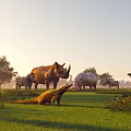 Various Wild Animals Grazing And Roaming On Green Grassland With Trees