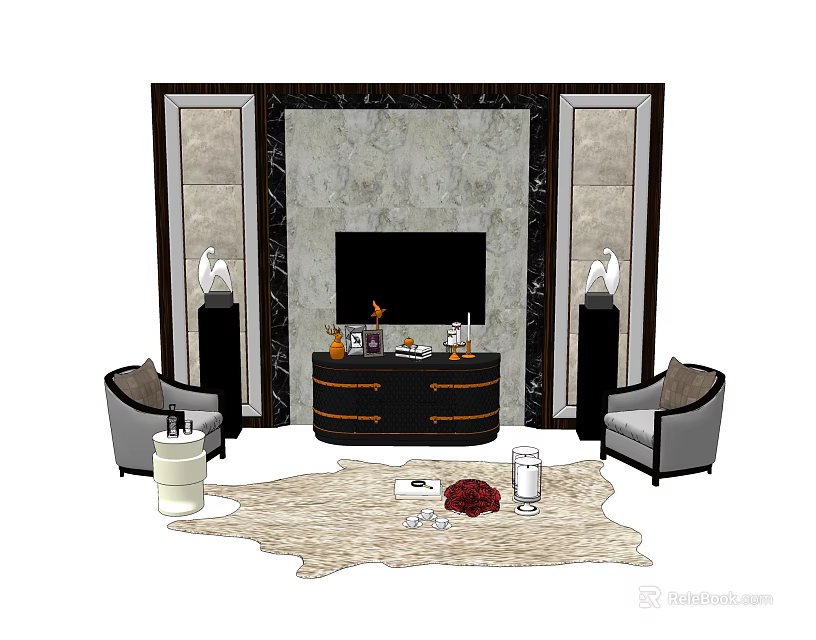 Elegant TV Wall Design With Marble Panels Armchairs And Decorative Console Table 3d model
