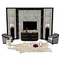 Elegant TV Wall Design With Marble Panels Armchairs And Decorative Console Table 3d model