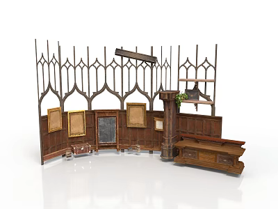 Medieval Wooden Scene Components With Gothic Arch Railings Display Cabinets And Blackboard 3d model
