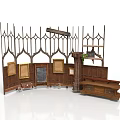 Medieval Wooden Scene Components With Gothic Arch Railings Display Cabinets And Blackboard