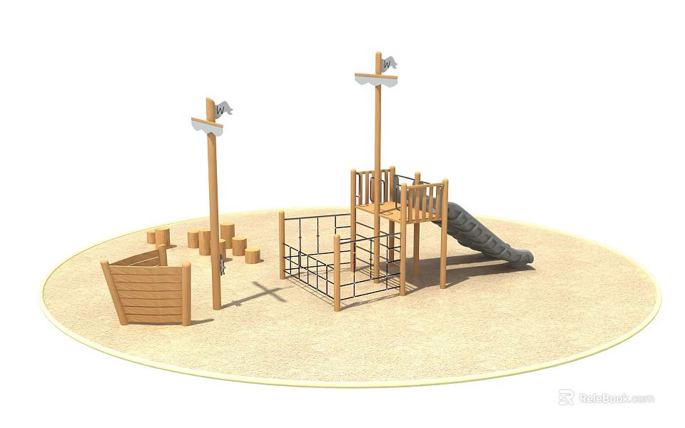 Wooden Playground Equipment With Slide Climbing Frame And Platform On Sand Surface 3d model 
