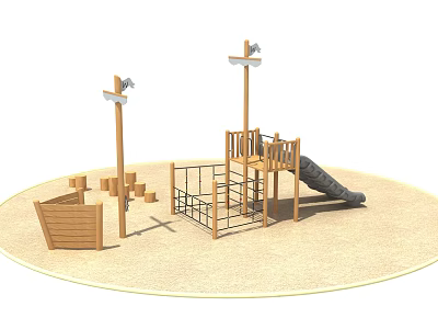 Wooden Playground Equipment With Slide Climbing Frame And Platform On Sand Surface 3d model
