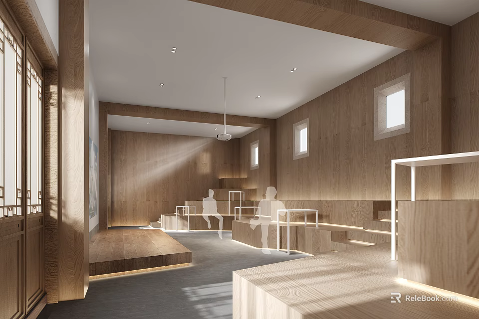 Modern Conference Room Interior Design With Wooden Walls Natural Light And Seating Areas 3d model 