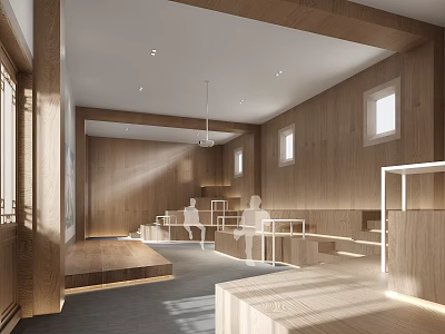 Modern Conference Room Interior Design With Wooden Walls Natural Light And Seating Areas 3d model