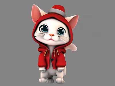 Cute Cat Shaped Doll With Red Hat Red Coat Big Eyes And White Body 3d model