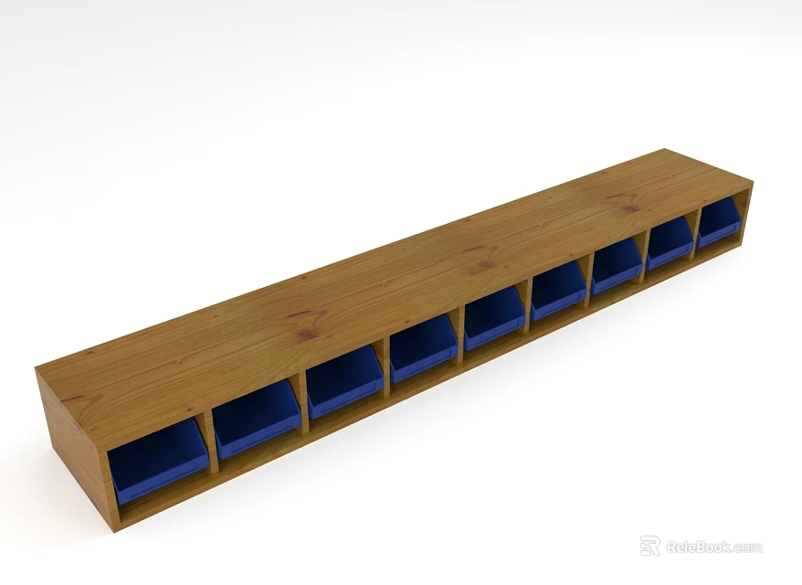 Wooden Display Shelf with Long Design and Blue Storage Compartments for Organizing Items 3d model 