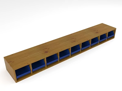 Wooden Display Shelf with Long Design and Blue Storage Compartments for Organizing Items 3d model