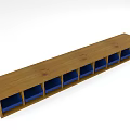 Wooden Display Shelf with Long Design and Blue Storage Compartments for Organizing Items