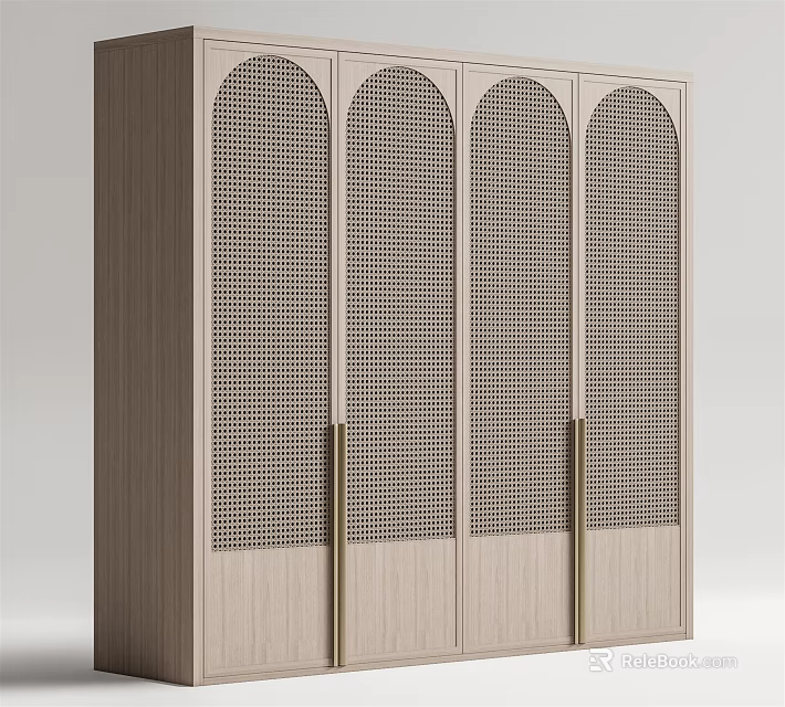 Modern Four Door Wardrobe with Lattice Panel Doors and Metal Handles in Light Wood Tone 3d model 