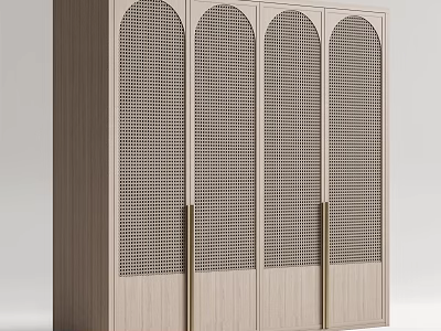 Modern Four Door Wardrobe with Lattice Panel Doors and Metal Handles in Light Wood Tone 3d model
