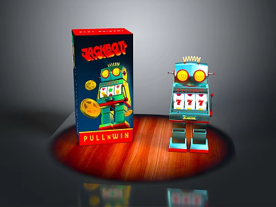Retro style robot robot metal toy retro game slot machine green red color wooden surface glowing eyes 3d model
