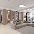 Modern Living and Dining Room Interior With Open Layout TV Wall Sofa and Books