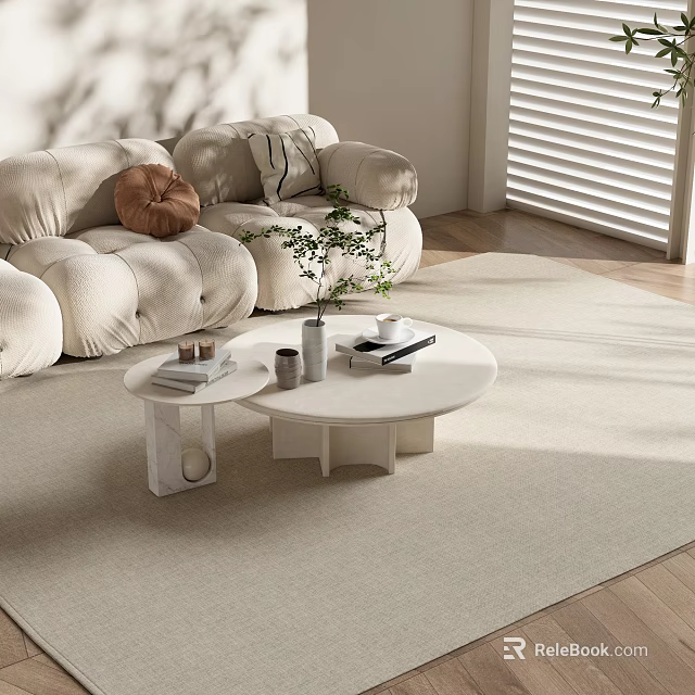 Modern Round Coffee Table with Green Plant and Cozy Sofa in Bright Living Room 3d model 