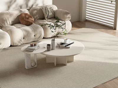 Modern Round Coffee Table with Green Plant and Cozy Sofa in Bright Living Room 3d model