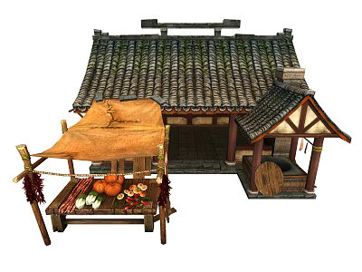 Ancient Chinese Building with Tiled Roof and Wooden Stall Displaying Fresh Vegetables Pumpkins and Peppers 3d model