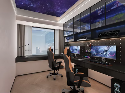 Starry Sky Ceiling Gaming Room With Multiple Monitors And Ergonomic Gaming Chairs 3d model