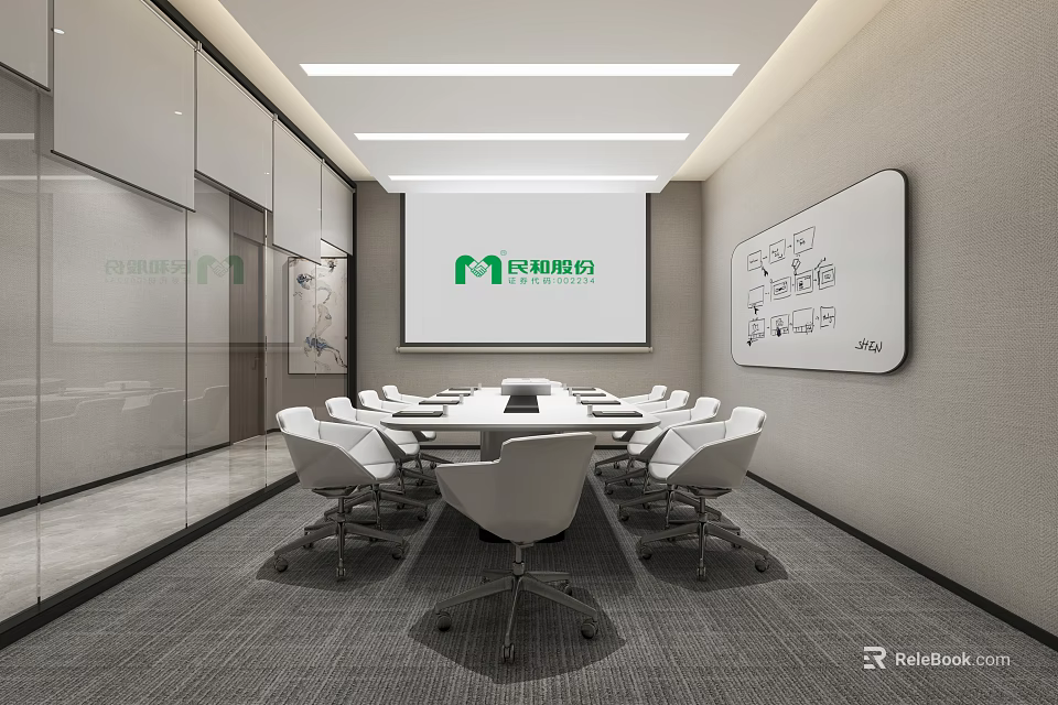 Modern Meeting Room Interior With Projection Screen Conference Table And White Chairs 3d model 