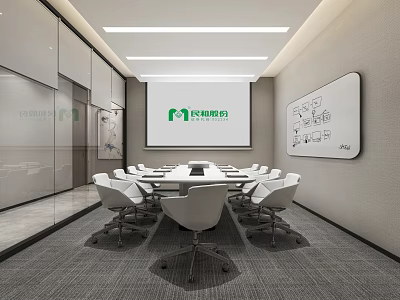 Modern Meeting Room Interior With Projection Screen Conference Table And White Chairs 3d model
