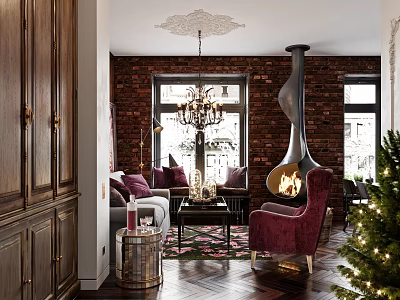 Living Room Interior With Brick Wall Chandelier Curved Fireplace Purple Cushions Red Armchair Christmas Tree 3d model