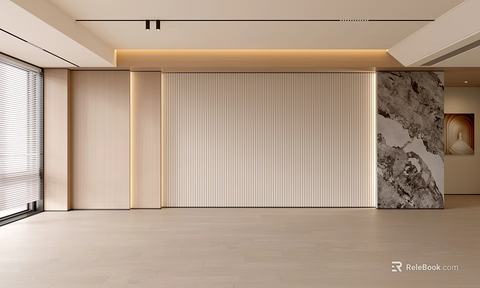 Modern Living Room Interior With Striped Accent Wall Marble Decor And Light Wood Flooring 3d model 