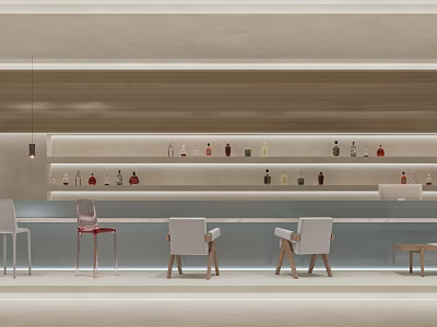 Modern Bar Interior Design With Counter Chairs And Shelved Liquor Bottles 3d model