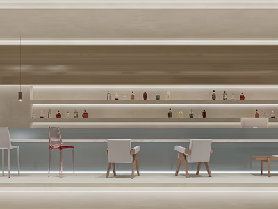 Modern Bar Interior Design With Counter Chairs And Shelved Liquor Bottles 3d model