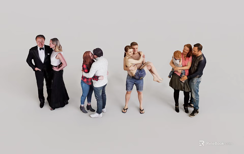 Diverse Group of People Showing Interactions Formal Attire Embracing Couples Holding Child 3d model 