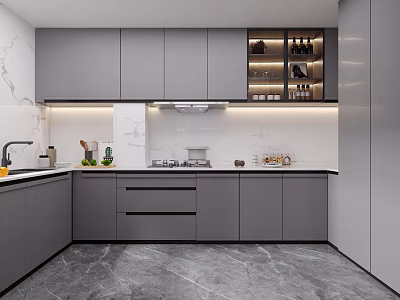 Modern Kitchen Interior Design With Gray Cabinets Marble Countertop Upper Cabinets And Green Plants 3d model
