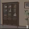 Wooden Bookcase With Glass Doors Drawers In Interior With Decorative Painting And Green Plant